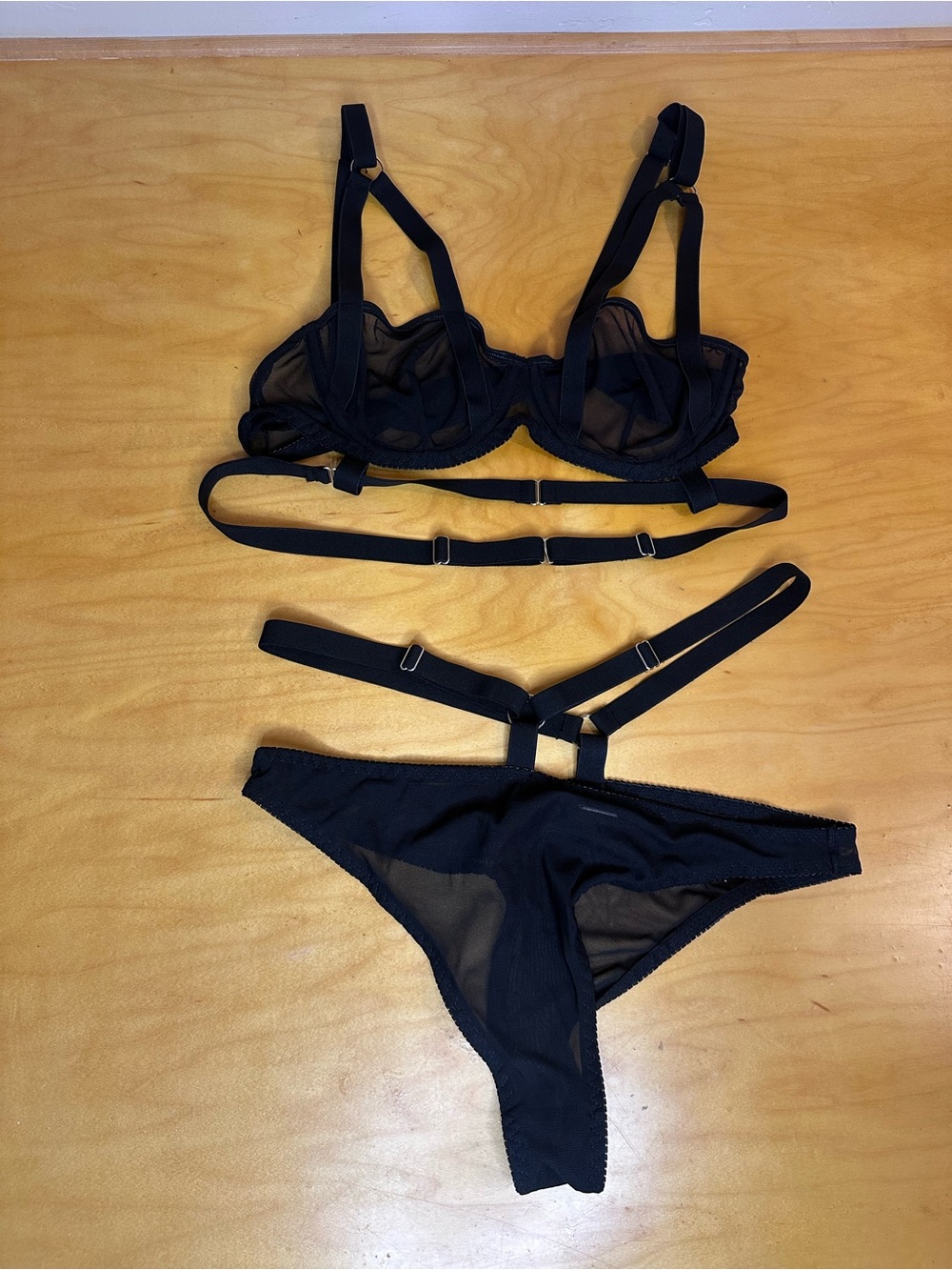 Sheer Black Strappy Bra & Bikini Lingerie Set Large New